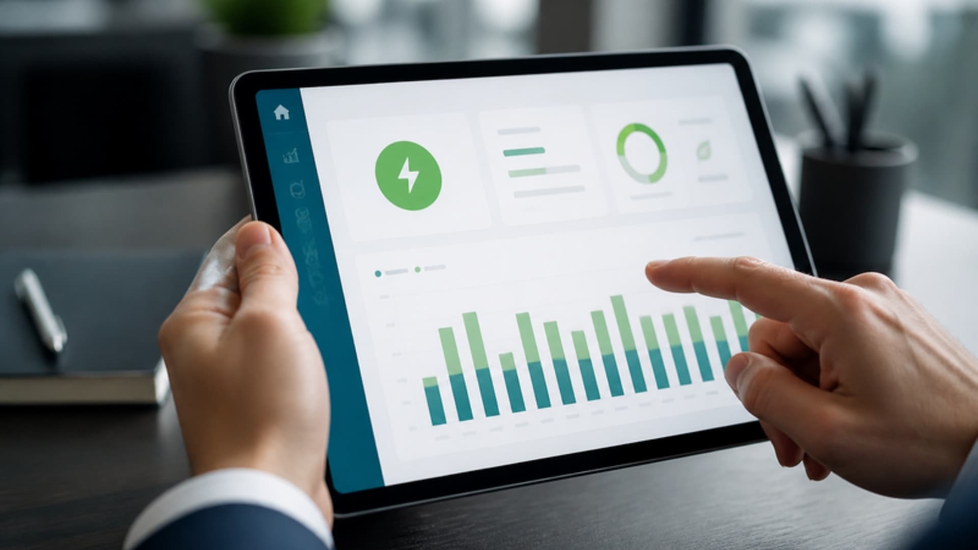 Tableau de bord de consommation énergétique consulté sur tablette